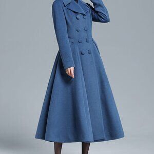 Vintage-Inspired Long Powder Blue Wool Princess Coat - NWOT